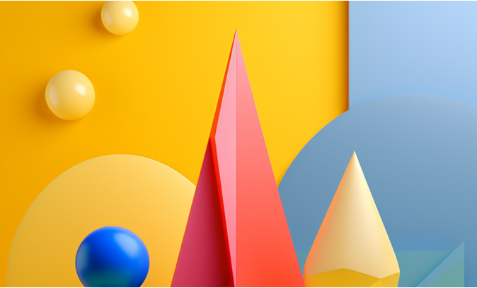 Colourful 3D pyramids and spheres on a yellow background.