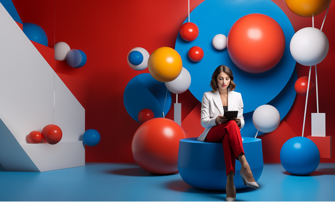 Lady wearing a white suit jacket and red pants sitting in a room filled with red, yellow, white and blue spheres and working on a tablet.