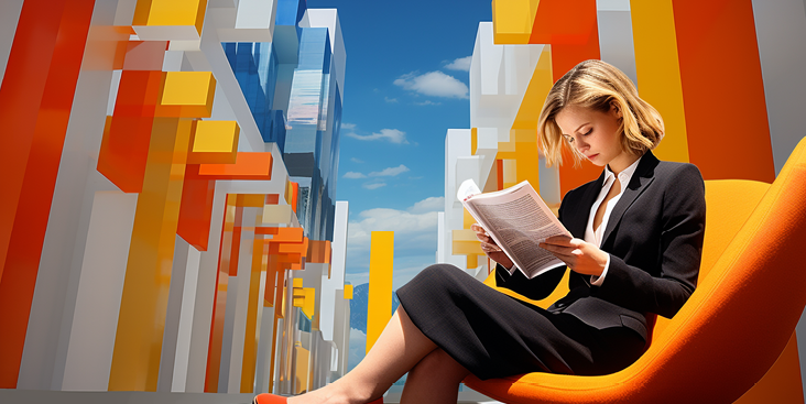 ICT media directory image. Lady in a suit, sitting outside reading a document on an orange sofa and surrounded by white, orange, yellow and blue 3 dimensional shapes.
