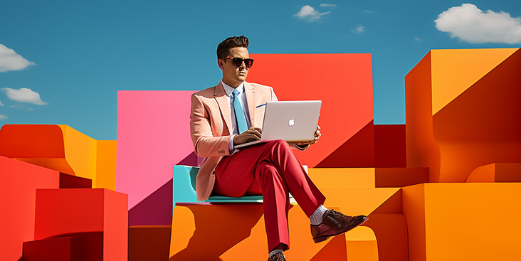 Business directory image - Man in a pink suit with a blue tie, and sunglasses sitting outside on a bench formed from colourful 3 dimensional shapes. He is working on a an Apple laptop with the blue sky behind him.